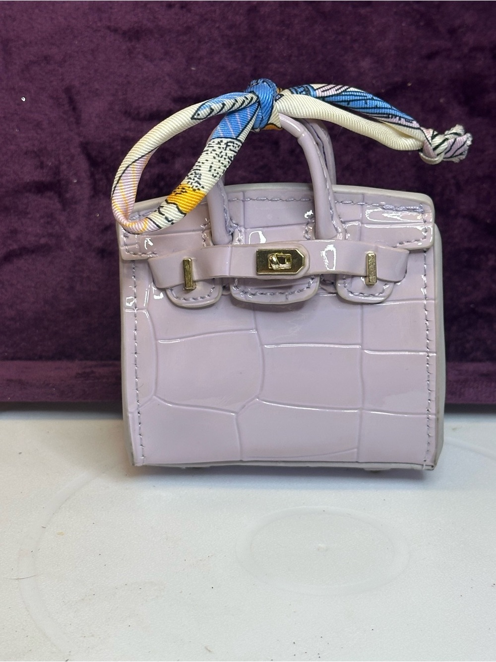Mini bag charm Lavender Croc pattern Embossed Scarf Gold Hardware